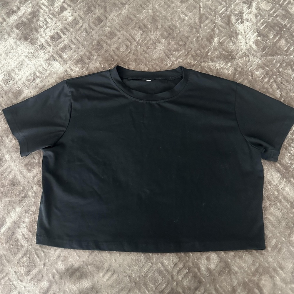 Shirt Womens Medium Black Crew Neck Short Sleeve Cropped Stretch Tee Topโ